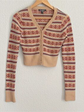 Vintage Betsey Johnson Y2K Cropped Fair Isle Cardigan Sweater SZ M 100% Wool